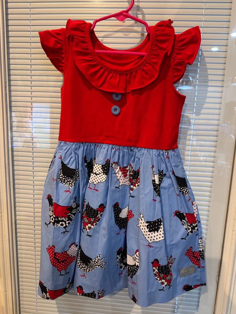 Eleanor Rose Chicken Dress Girls 4-5 Red Blue Ruffle Farm Cottagecore